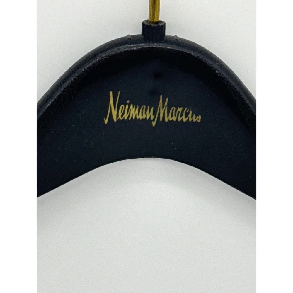 Neiman Marcus Black Suit Hanger with Trouser Bar Gold Logo Brass Swivel Hook